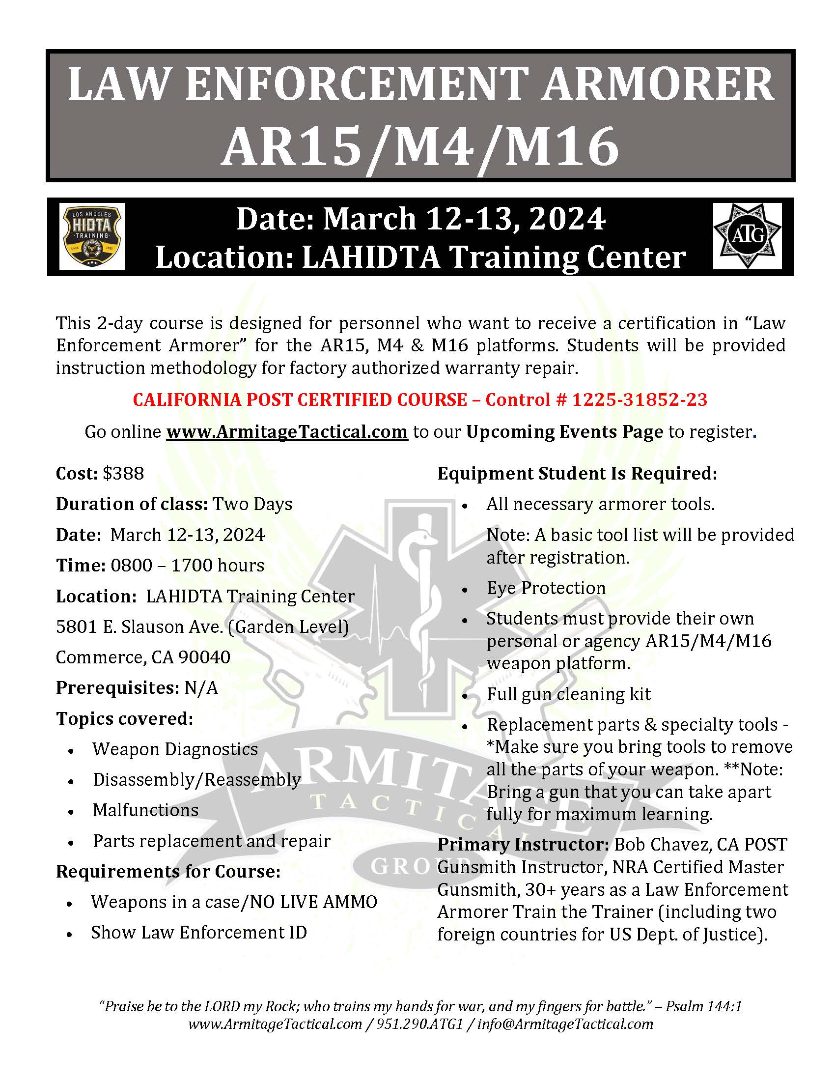2024/03/12 - LE Armorer's Course 2-Day (AR15/M4/M16) - Commerce, CA