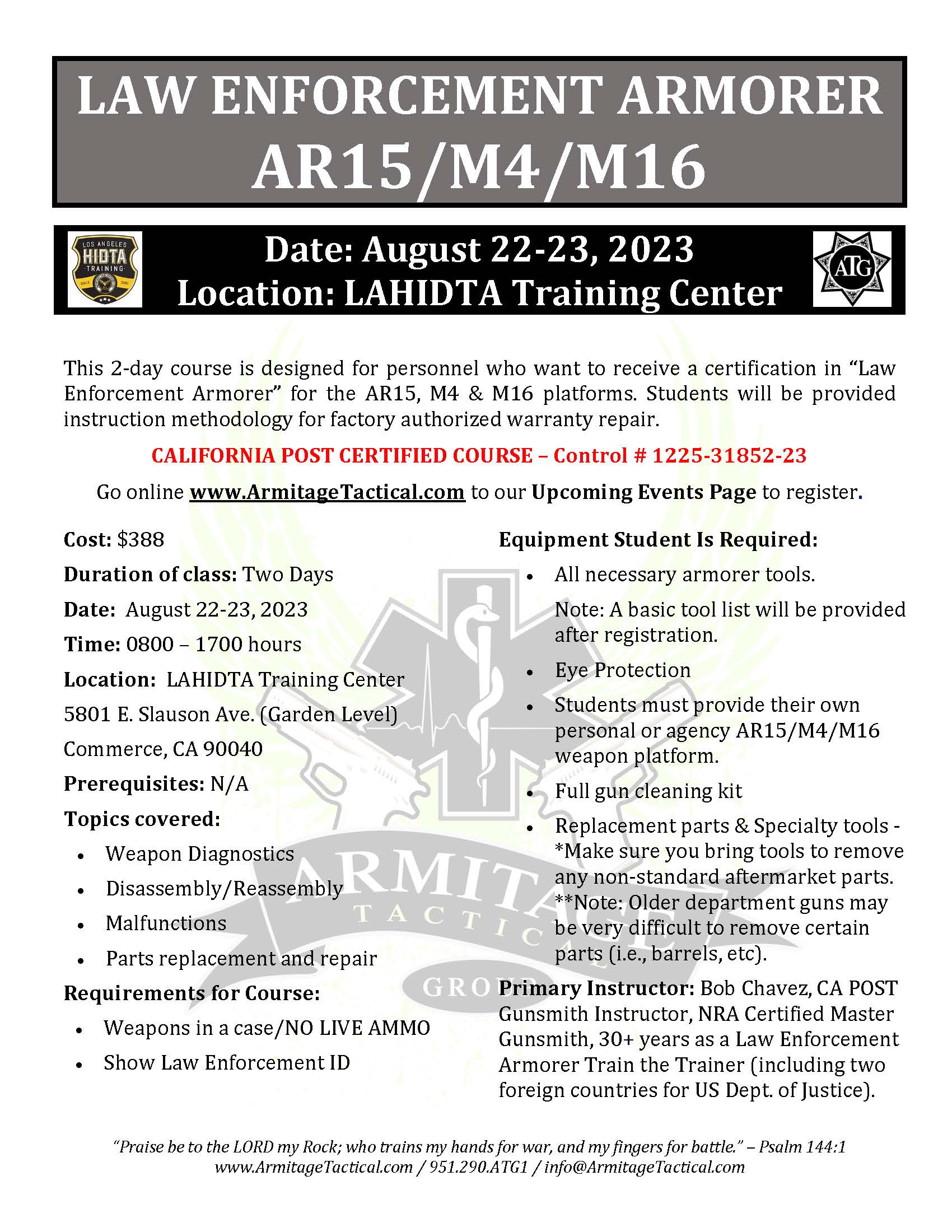 2023/08/22 - LE Armorer's Course 2-Day (AR15/M4/M16) - Commerce, CA
