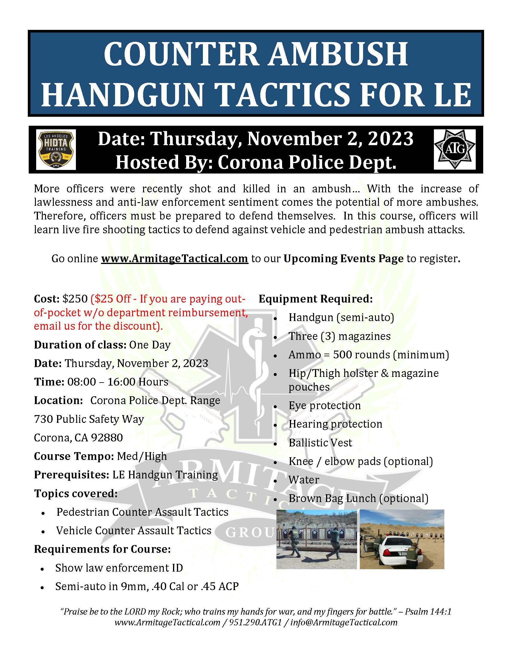2023/11/03 - Counter Ambush Handgun Tactics for LE/Mil - Corona, CA