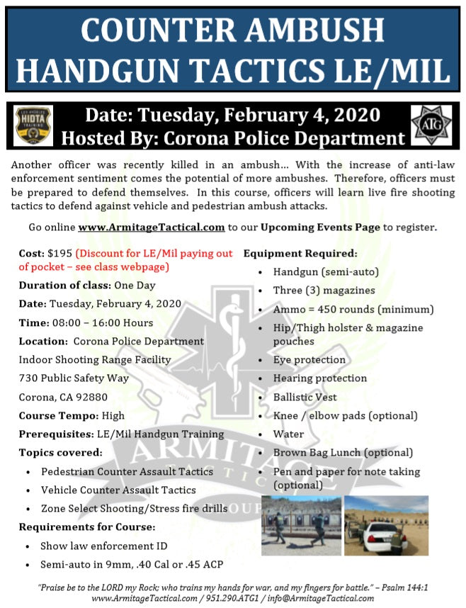 2020/02/04 - Counter Ambush Handgun Tactics for LE/Mil - Corona, CA