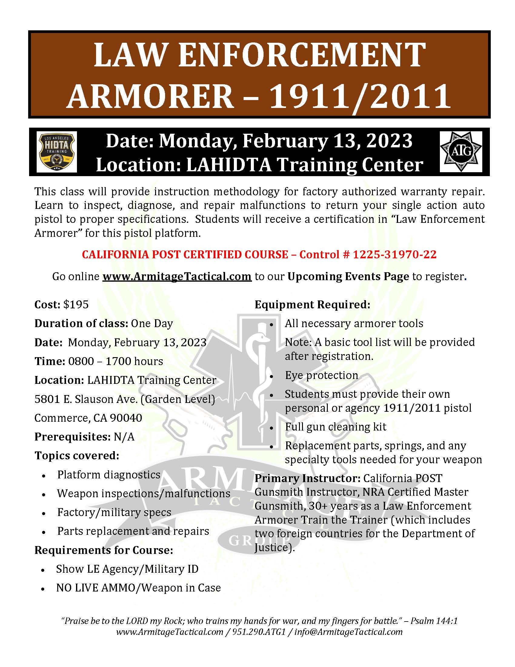 2023/02/13 - 1911-2011 LE Armorer's Course - Commerce, CA