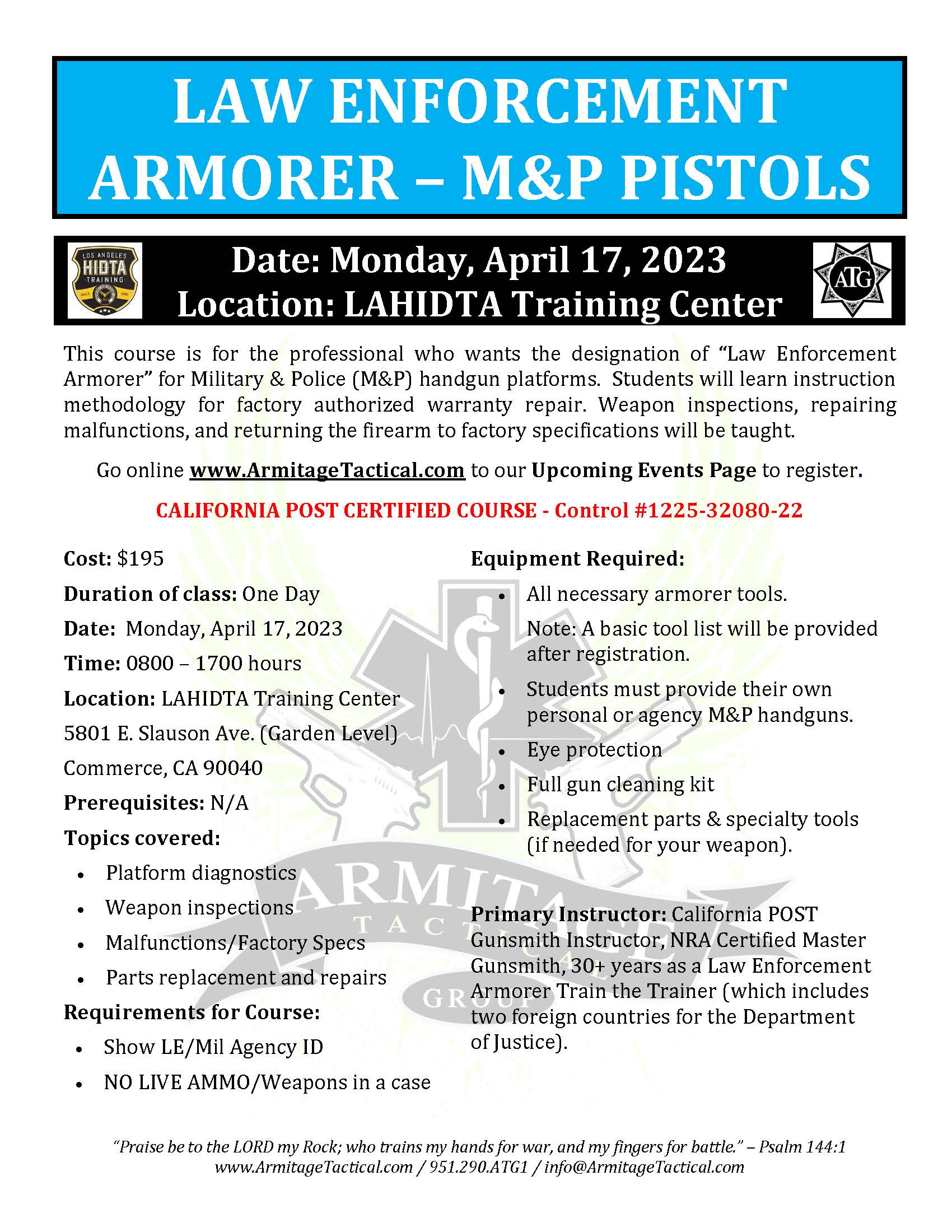 2023/04/17 - M&P Pistol LE Armorer's Course - Commerce, CA