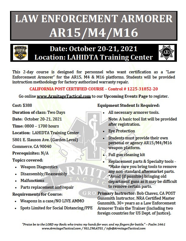 2021/10/20 - Law Enforcement Armorer's Course 2-Day (AR15/M4/M16) - Commerce, CA
