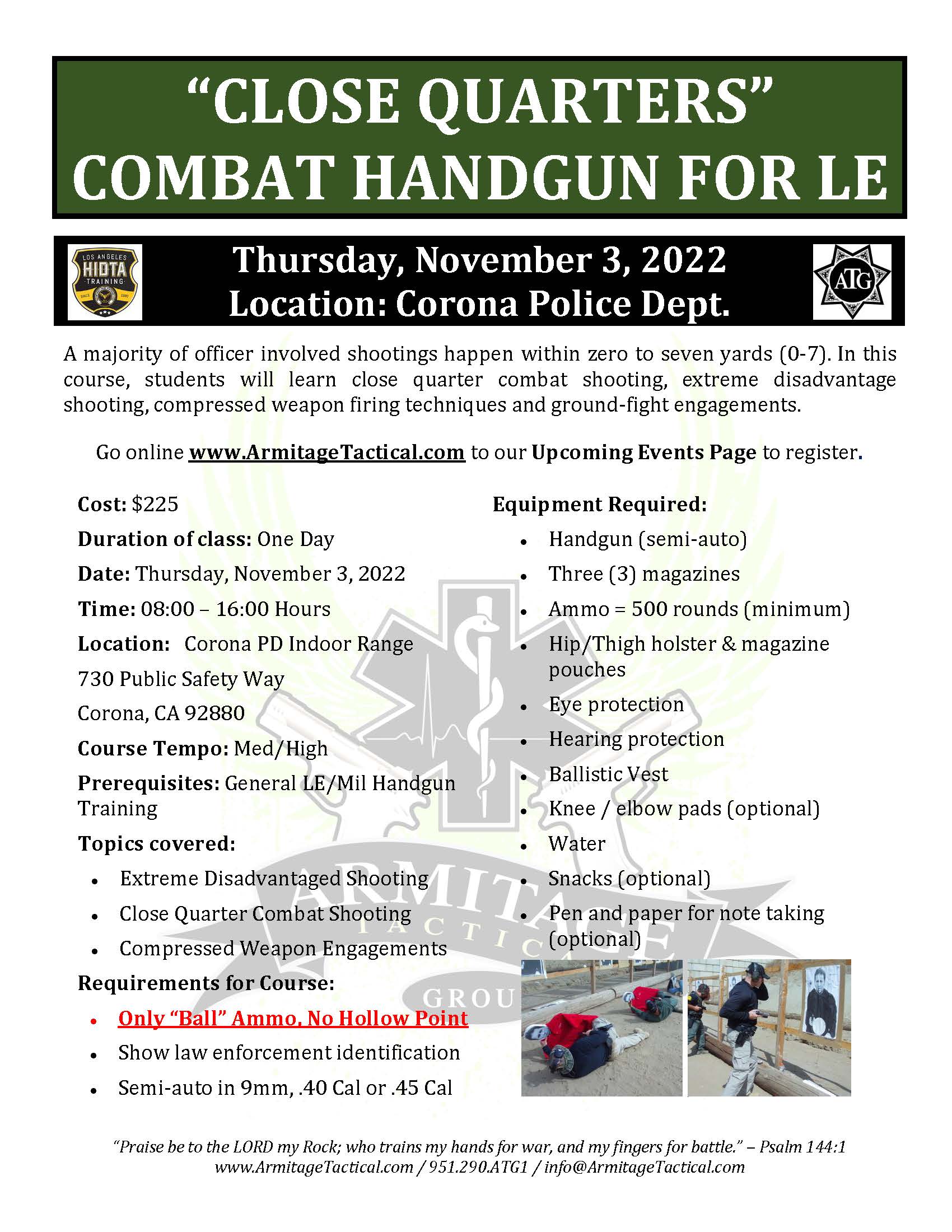 2022/11/03 - "Close Quarters" Combat Handgun for LE/Mil - Corona, CA