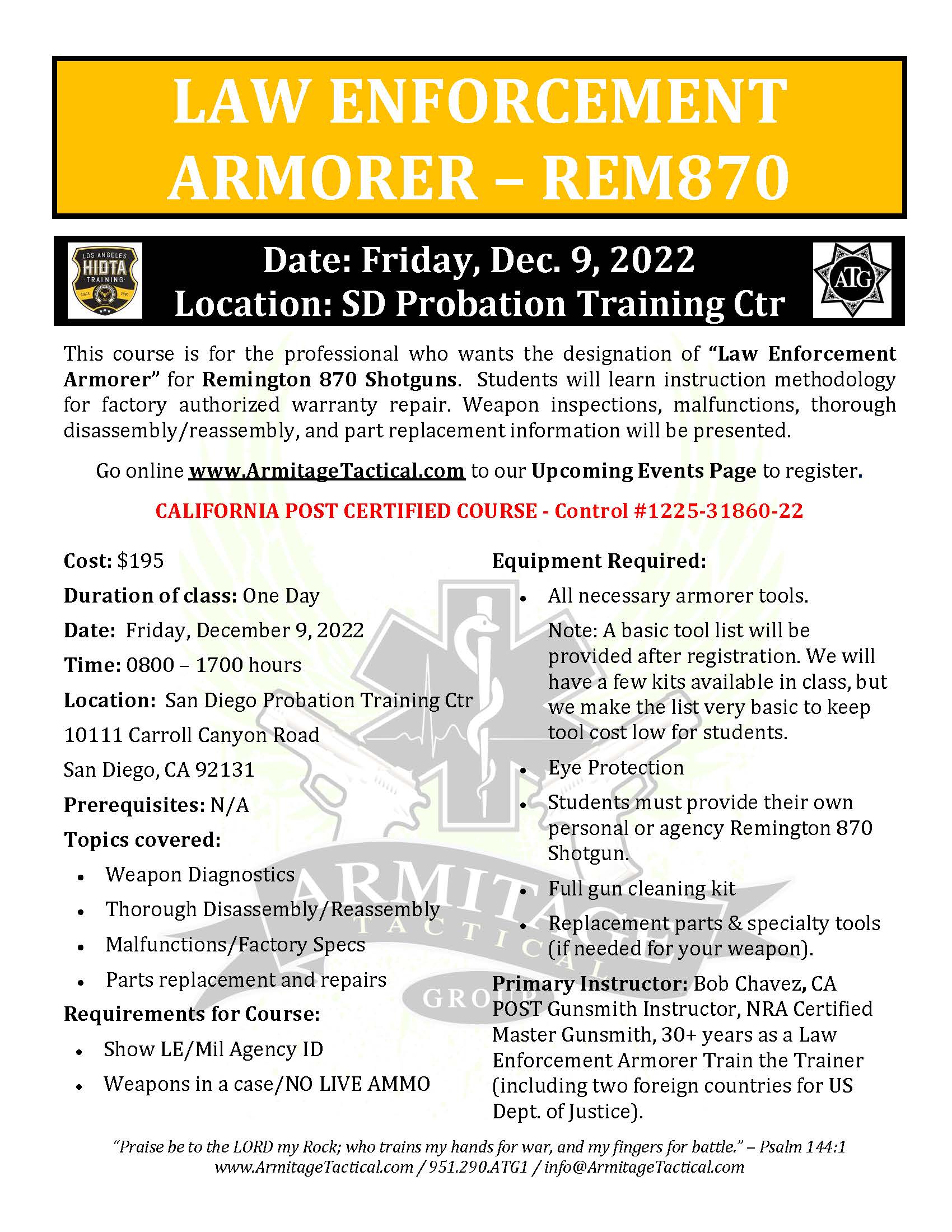 2022/12/09 - Remington 870 LE Armorer's Course - San Diego, CA